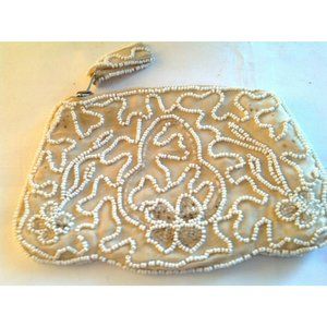 Vintage White & Clear Swirl Beaded Butterfly Clutch Purse Coin Purse Handbag